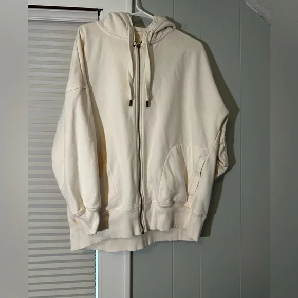 American Eagle Cream Oversized Zip Up Hoodie Medium Cozy Athleisure - Picture 3 of 6